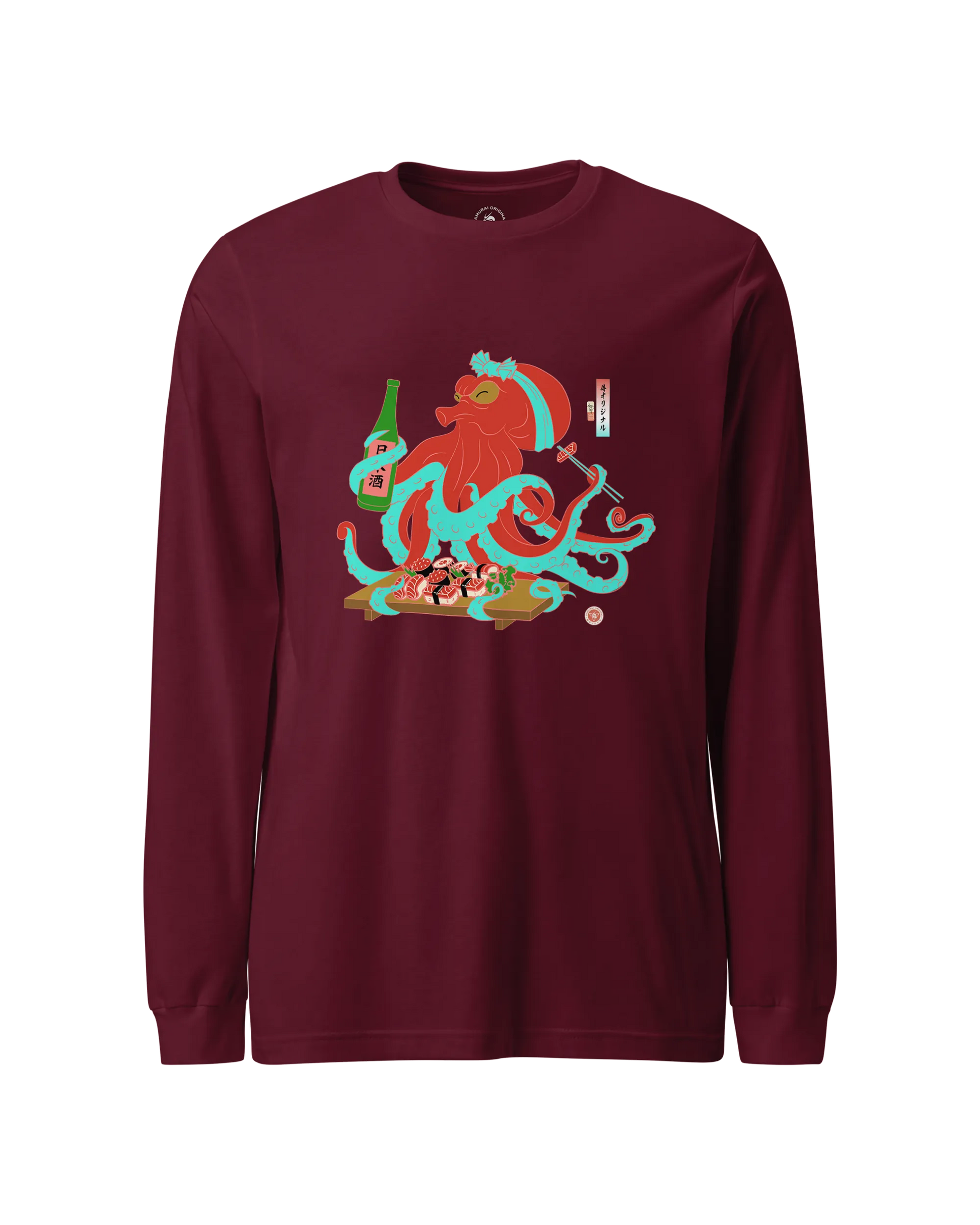 Octopus Sushi Japanese Ukiyo-e Unisex Long Sleeve Tee Maroon - Samurai Original