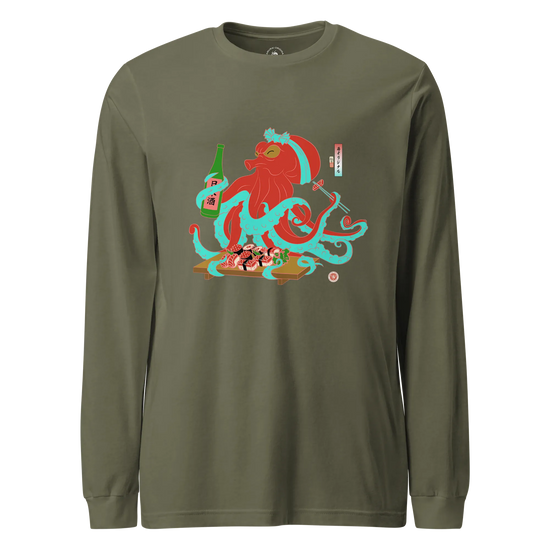 Octopus Sushi Japanese Ukiyo-e Unisex Long Sleeve Tee Military Green - Samurai Original