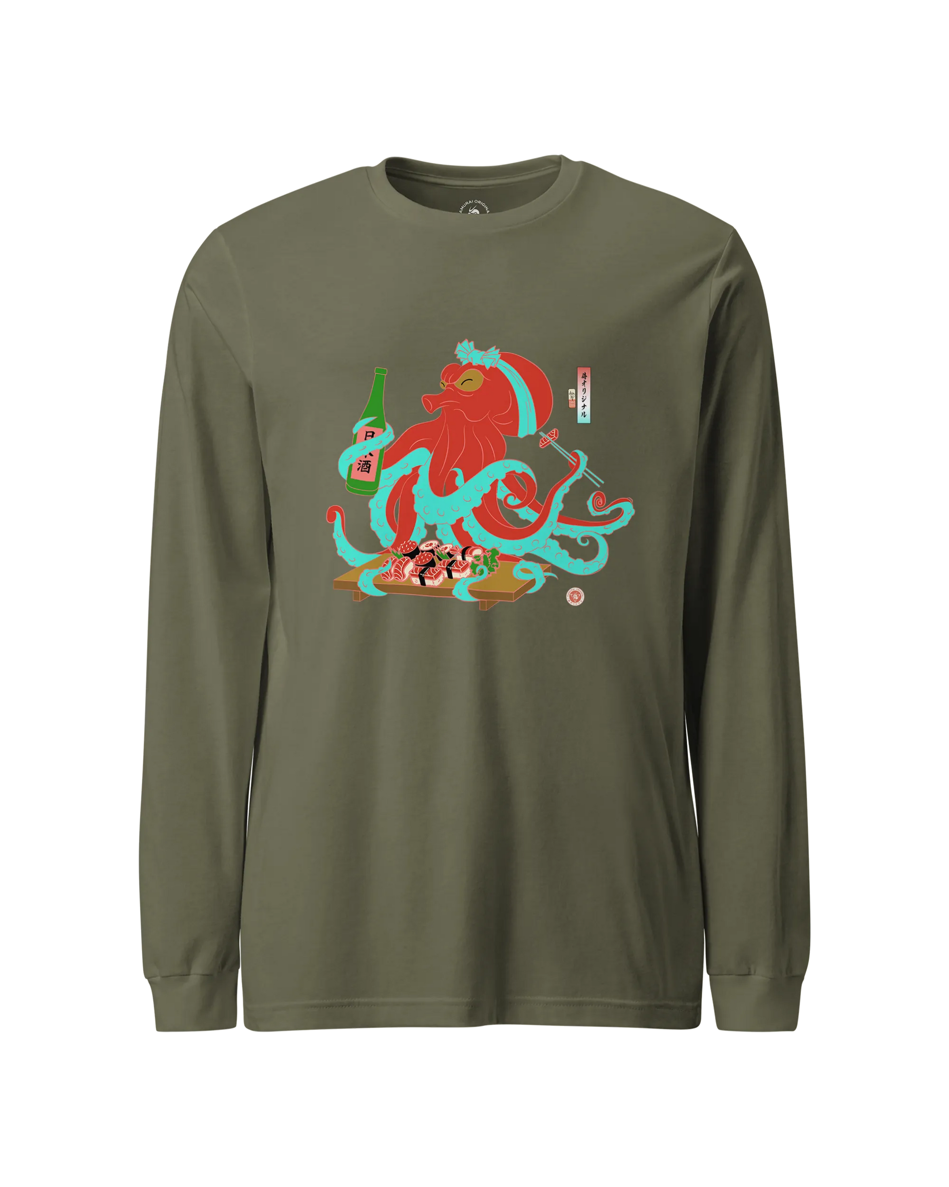 Octopus Sushi Japanese Ukiyo-e Unisex Long Sleeve Tee Military Green - Samurai Original