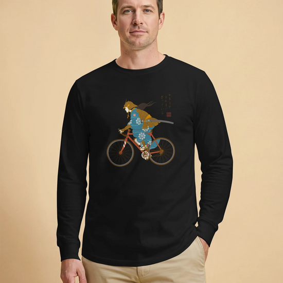 Onna Musha Riding Bicycle Japanese Ukiyo-e Unisex Long Sleeve Tee - Samurai Original