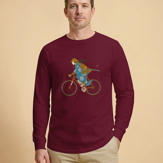 Onna Musha Riding Bicycle Japanese Ukiyo-e Unisex Long Sleeve Tee - Samurai Original