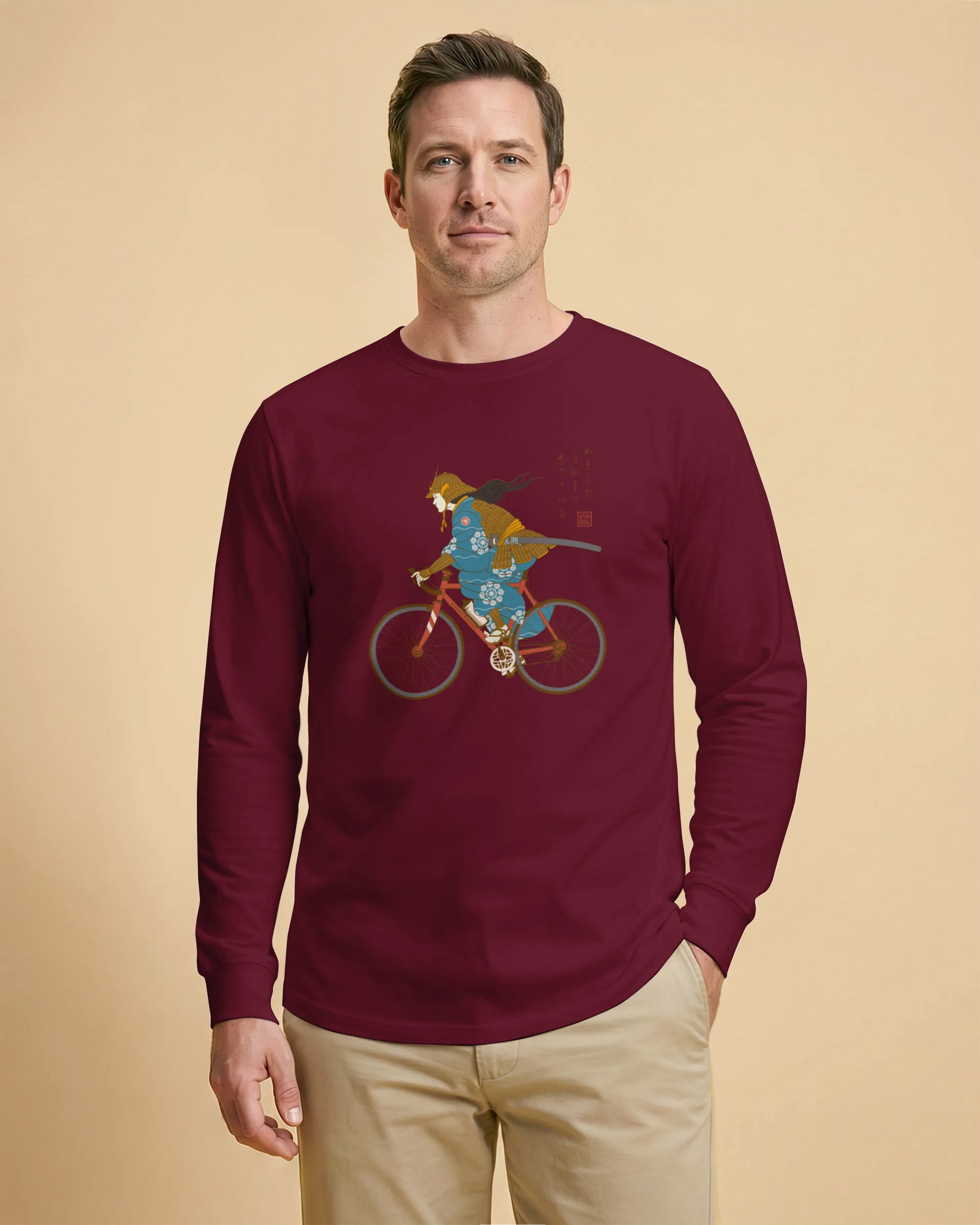 Onna Musha Riding Bicycle Japanese Ukiyo-e Unisex Long Sleeve Tee - Samurai Original