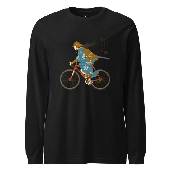 Onna Musha Riding Bicycle Japanese Ukiyo-e Unisex Long Sleeve Tee Black - Samurai Original