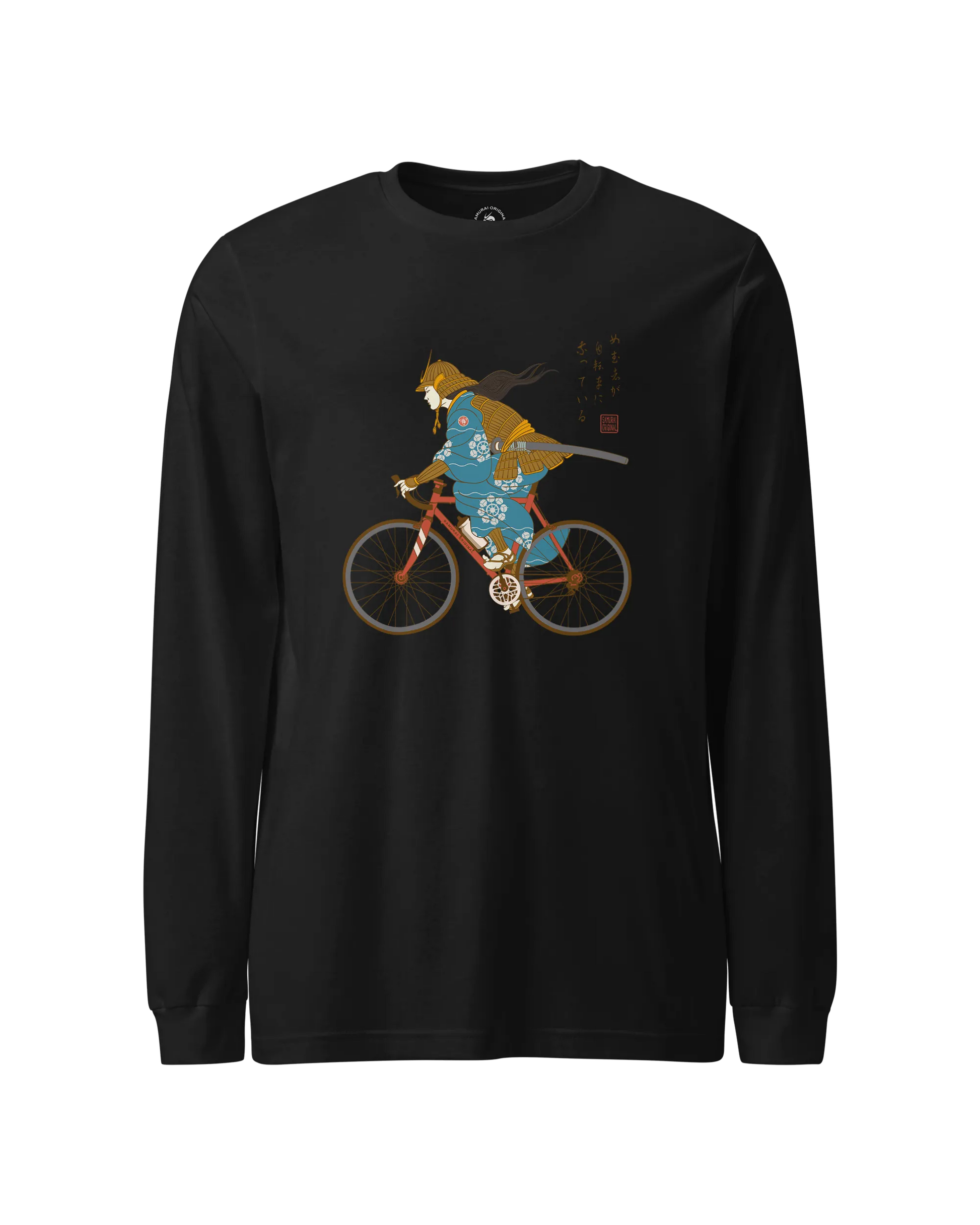 Onna Musha Riding Bicycle Japanese Ukiyo-e Unisex Long Sleeve Tee Black - Samurai Original