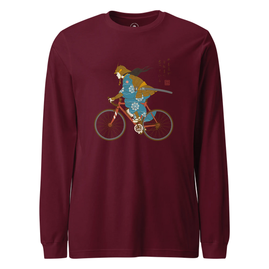Onna Musha Riding Bicycle Japanese Ukiyo-e Unisex Long Sleeve Tee Maroon - Samurai Original