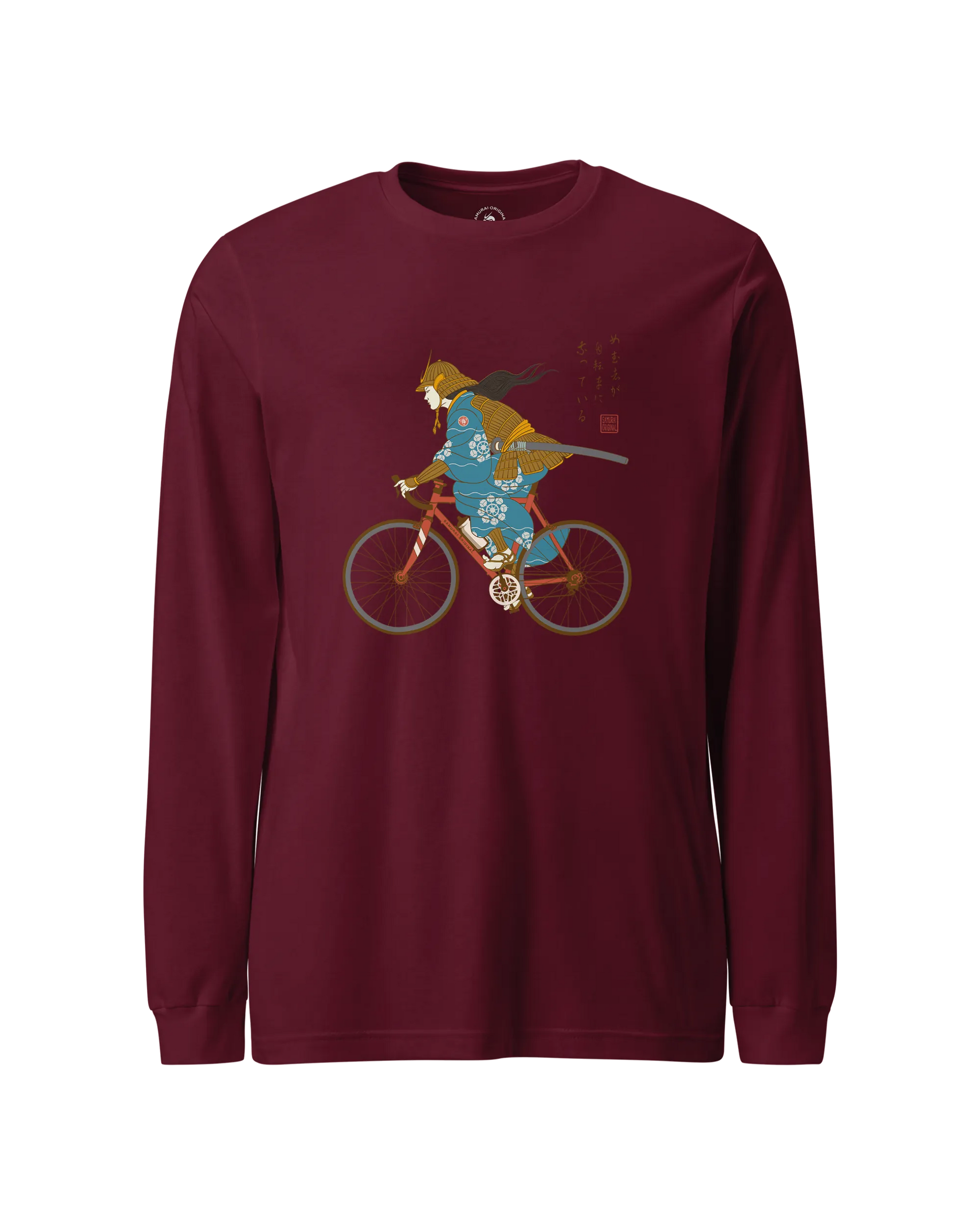 Onna Musha Riding Bicycle Japanese Ukiyo-e Unisex Long Sleeve Tee Maroon - Samurai Original