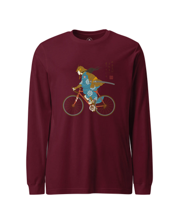 Onna Musha Riding Bicycle Japanese Ukiyo-e Unisex Long Sleeve Tee Maroon - Samurai Original