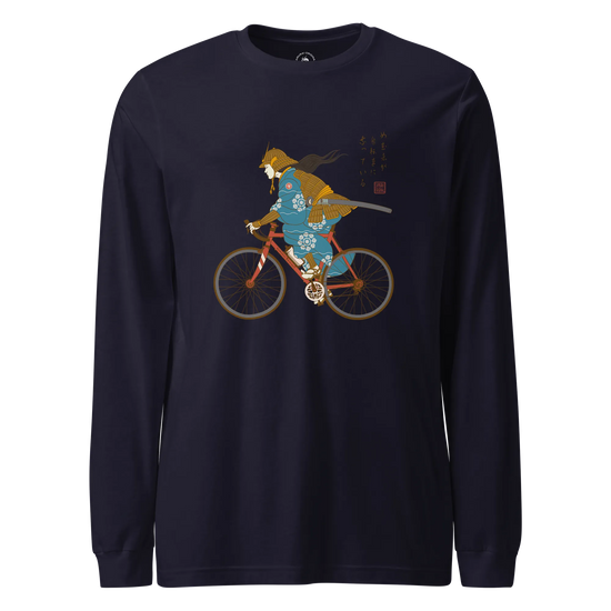 Onna Musha Riding Bicycle Japanese Ukiyo-e Unisex Long Sleeve Tee Navy - Samurai Original