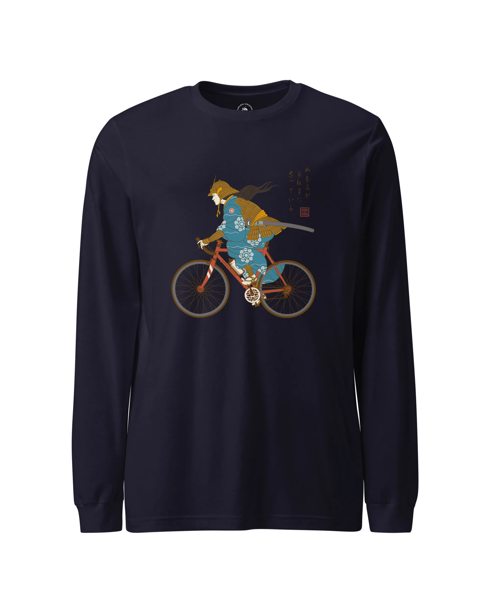 Onna Musha Riding Bicycle Japanese Ukiyo-e Unisex Long Sleeve Tee Navy - Samurai Original