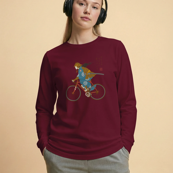 Onna Musha Riding Bicycle Japanese Ukiyo-e Unisex Long Sleeve Tee - Samurai Original
