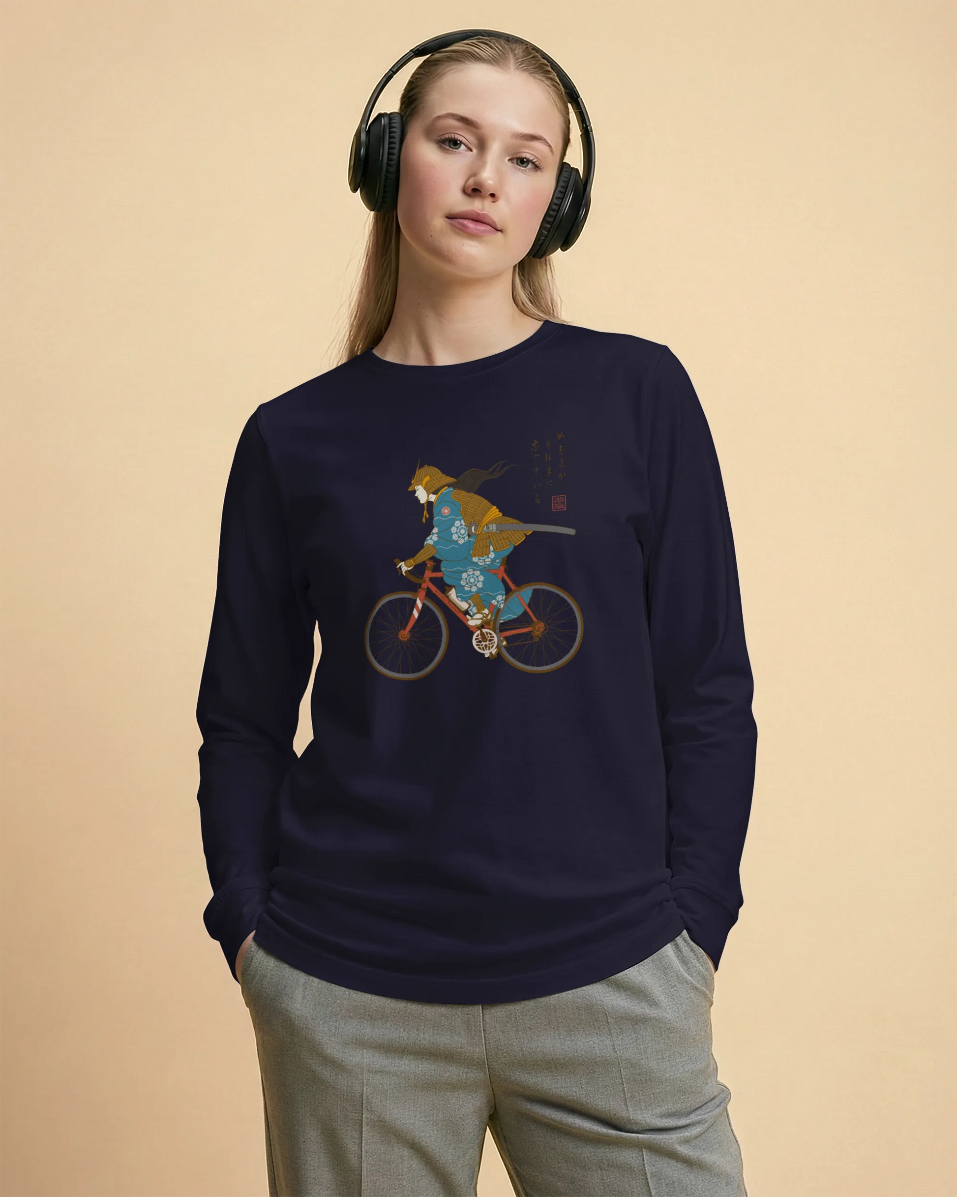 Onna Musha Riding Bicycle Japanese Ukiyo-e Unisex Long Sleeve Tee - Samurai Original