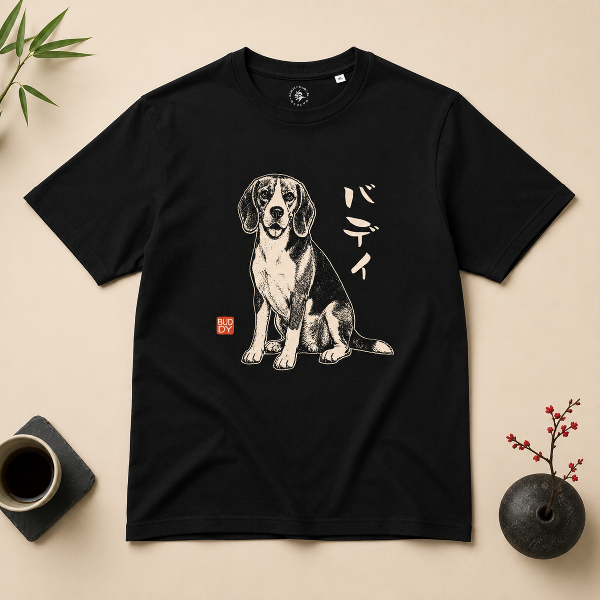 Personalized Japanese Pet Portrait Classic Organic T-Shirt Black - Samurai Original