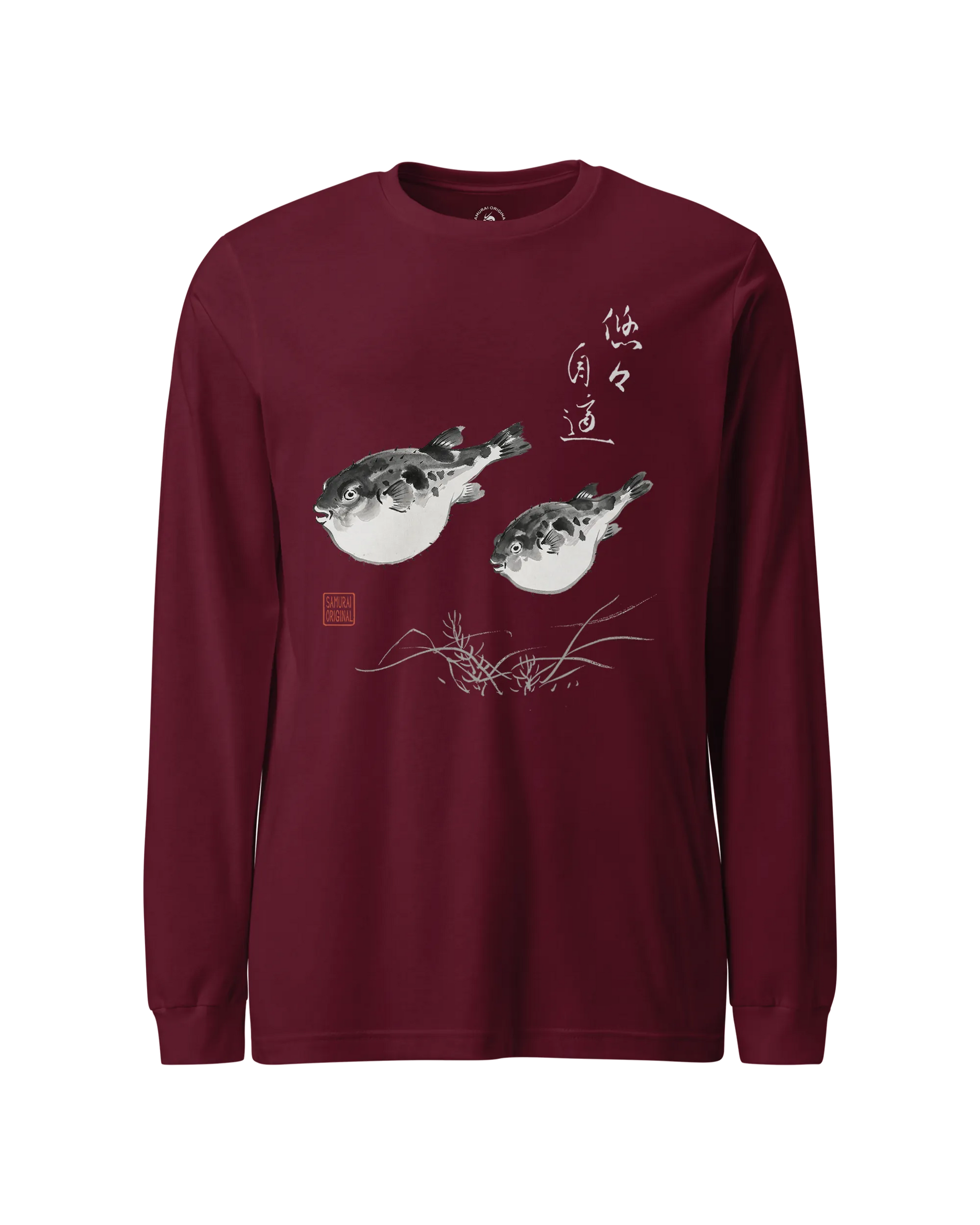 Pufferfish Sumi-e Unisex Long Sleeve Tee Maroon - Samurai Original