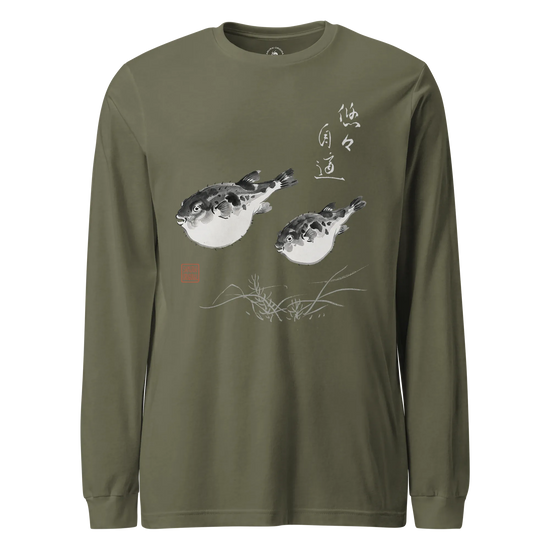 Pufferfish Sumi-e Unisex Long Sleeve Tee Military Green - Samurai Original
