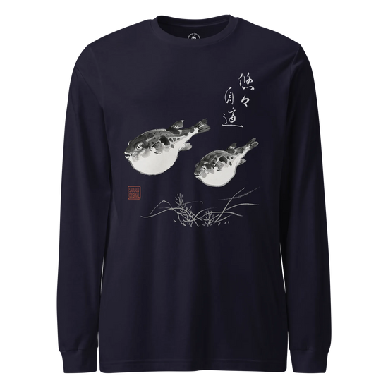 Pufferfish Sumi-e Unisex Long Sleeve Tee Navy - Samurai Original