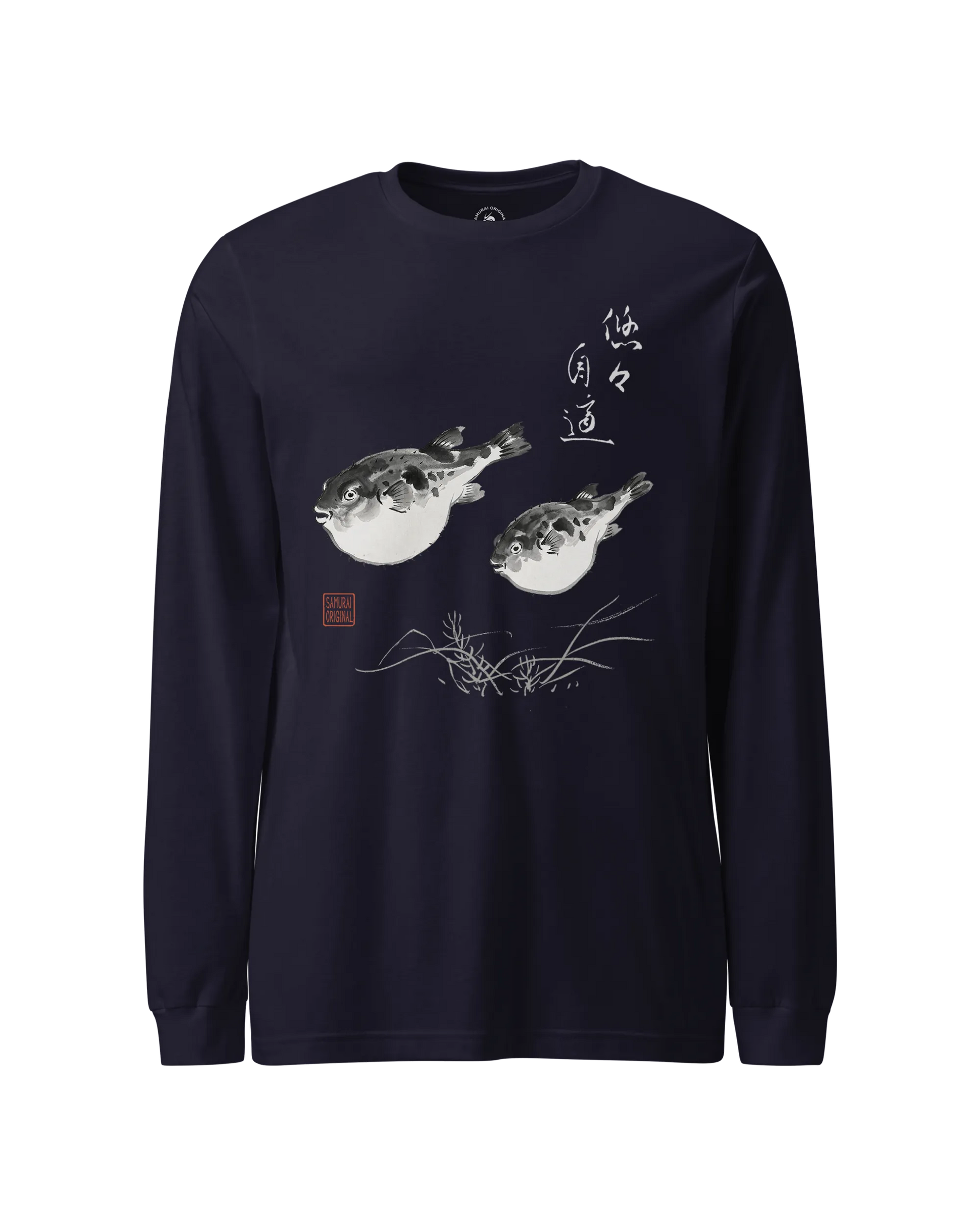 Pufferfish Sumi-e Unisex Long Sleeve Tee Navy - Samurai Original