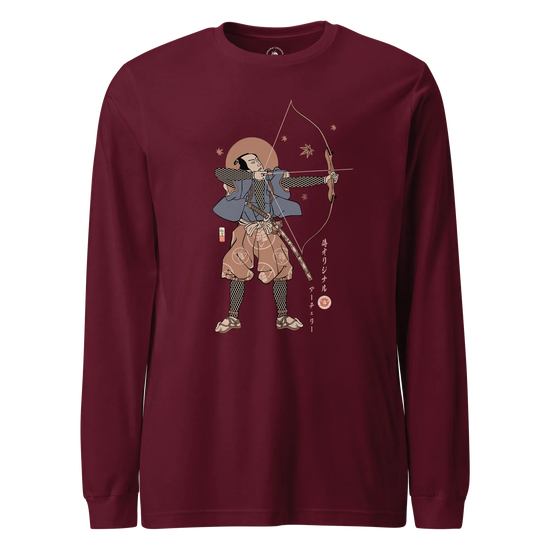Samurai Archer Ukiyo-e Unisex Long Sleeve Tee Maroon - Samurai Original