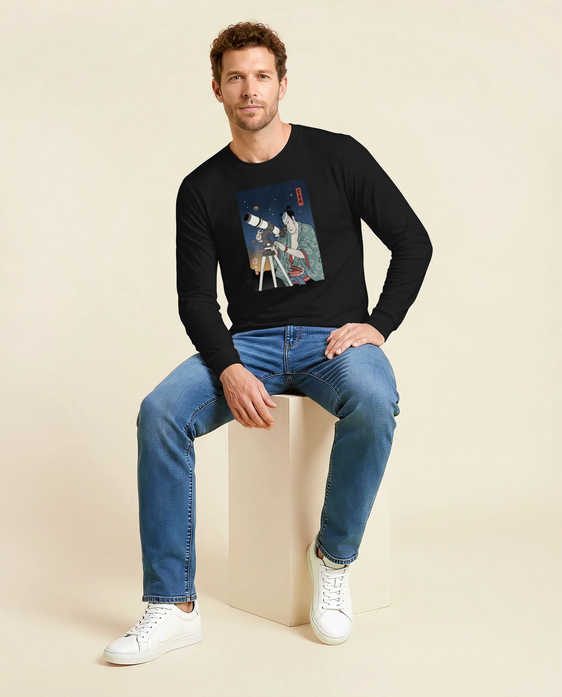 Samurai Astronomy Telescope Ukiyo-e Unisex Long Sleeve Tee - Samurai Original