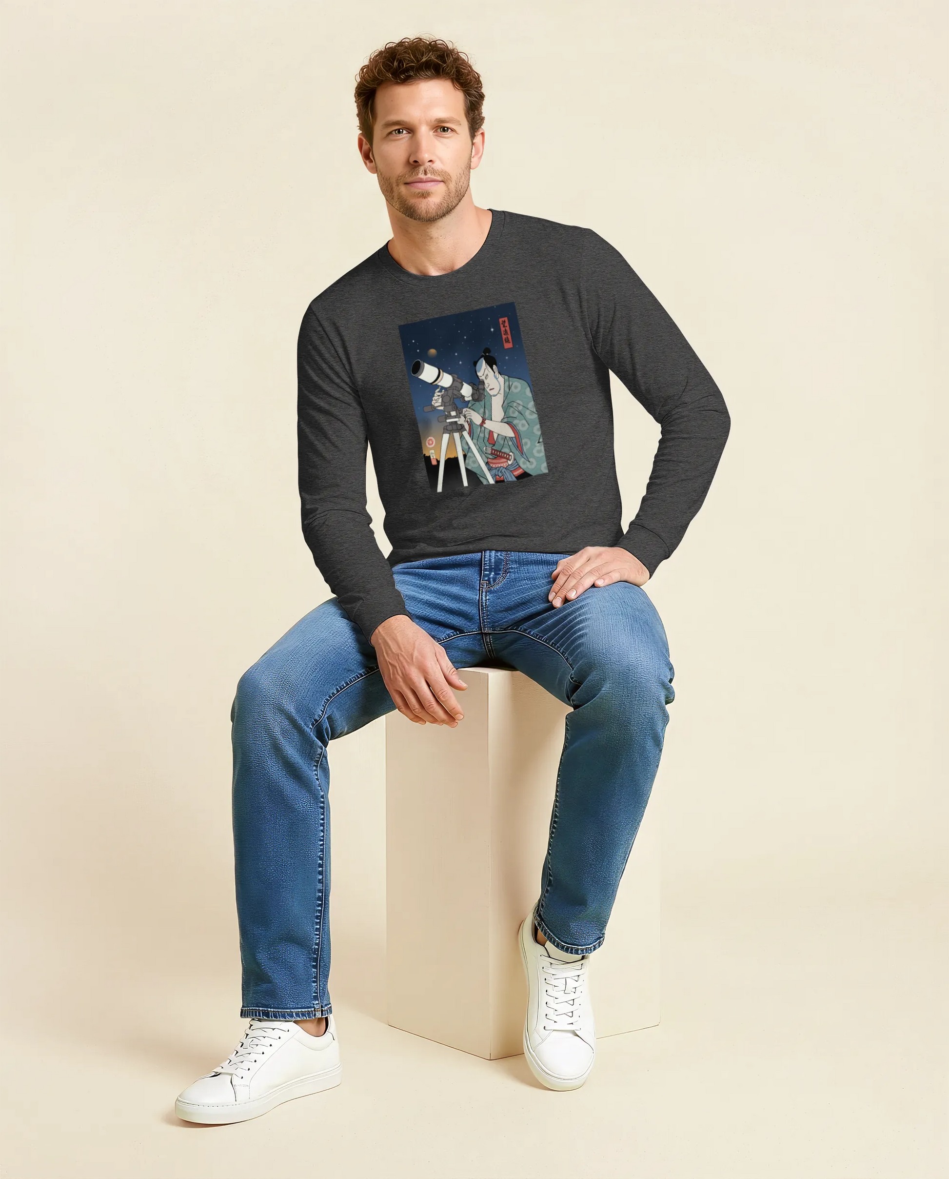 Samurai Astronomy Telescope Ukiyo-e Unisex Long Sleeve Tee - Samurai Original