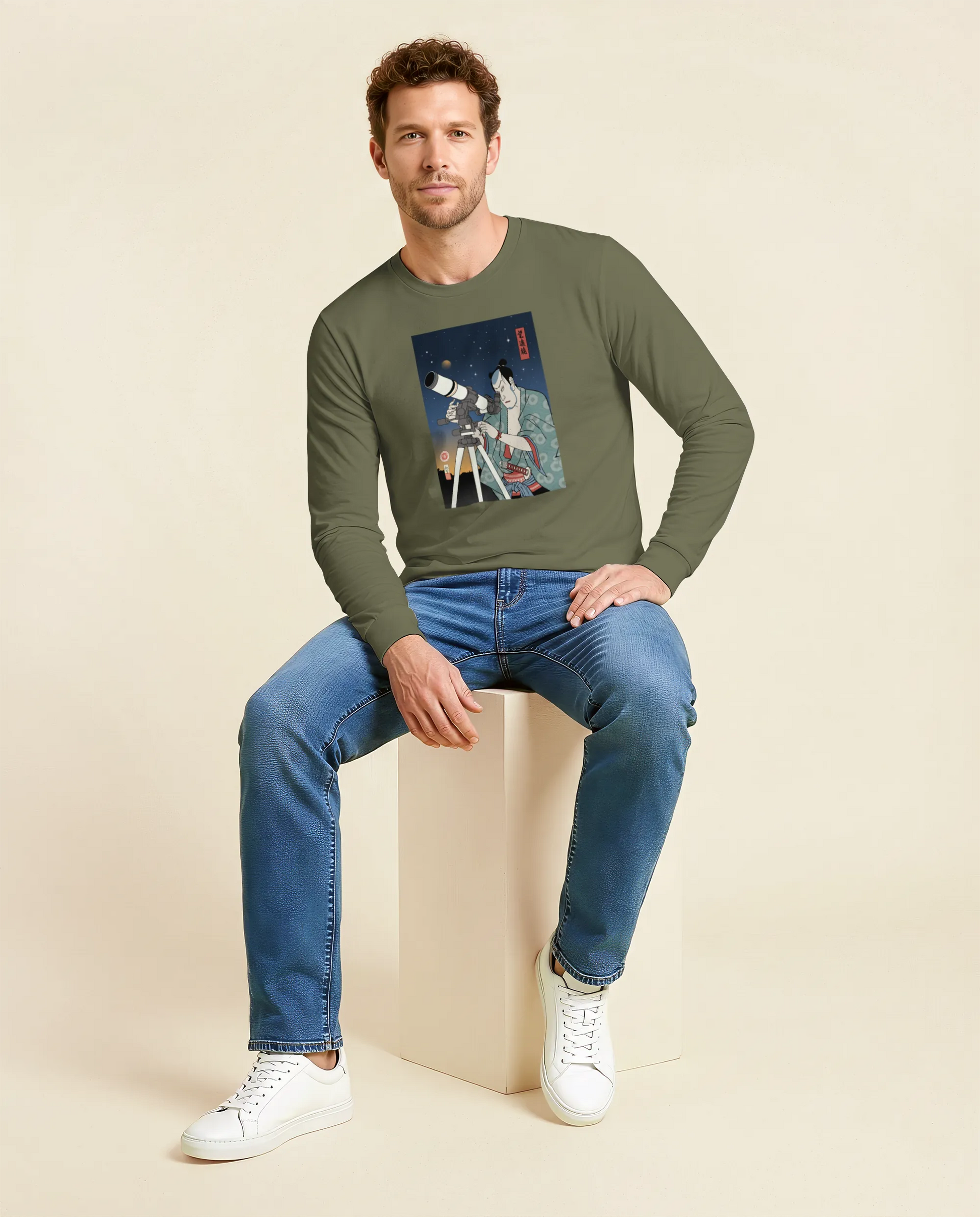 Samurai Astronomy Telescope Ukiyo-e Unisex Long Sleeve Tee - Samurai Original