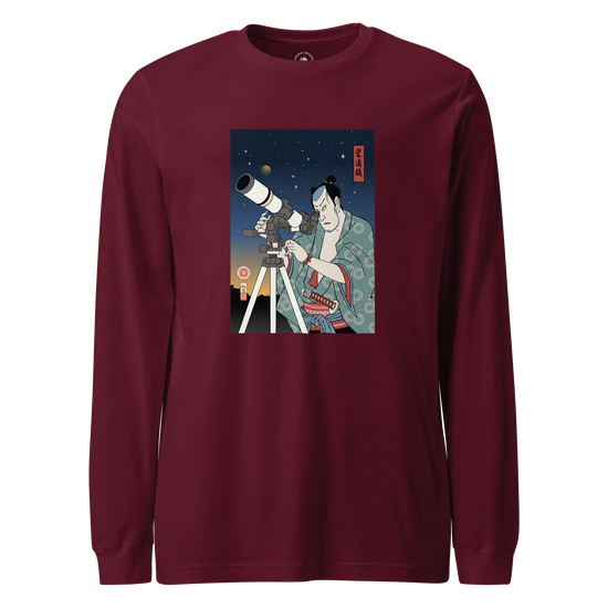 Samurai Astronomy Telescope Ukiyo-e Unisex Long Sleeve Tee Maroon - Samurai Original