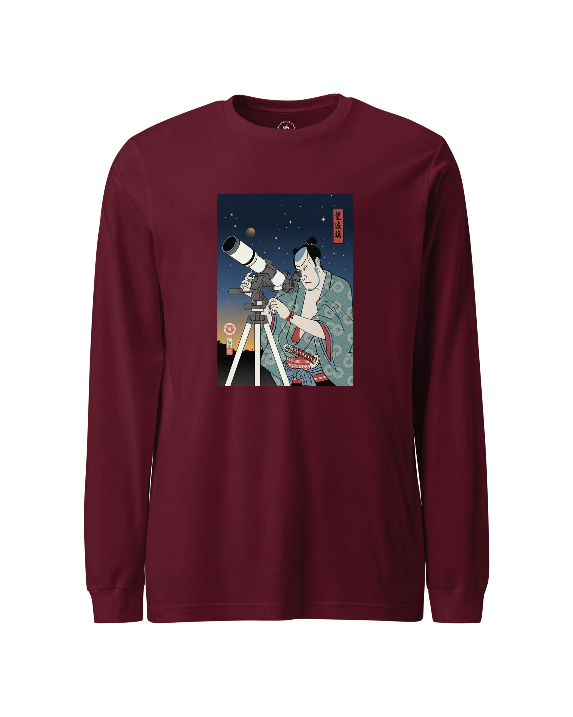 Samurai Astronomy Telescope Ukiyo-e Unisex Long Sleeve Tee Maroon - Samurai Original