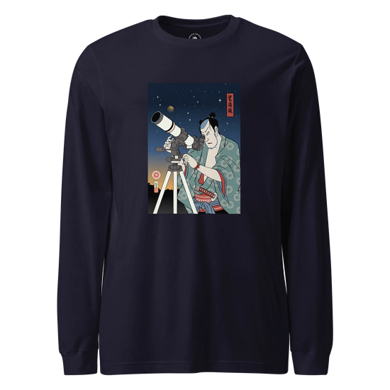 Samurai Astronomy Telescope Ukiyo-e Unisex Long Sleeve Tee Navy - Samurai Original