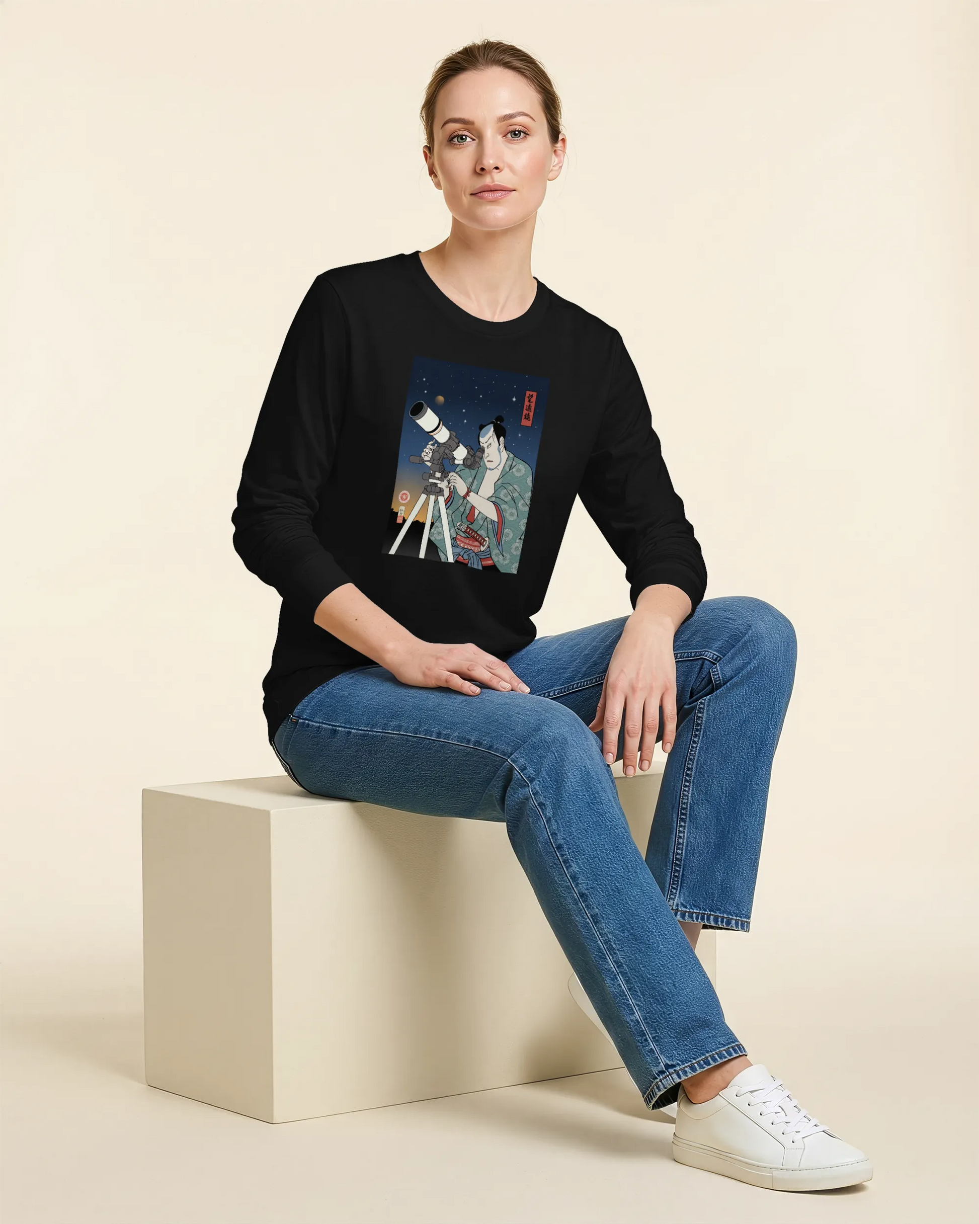 Samurai Astronomy Telescope Ukiyo-e Unisex Long Sleeve Tee - Samurai Original