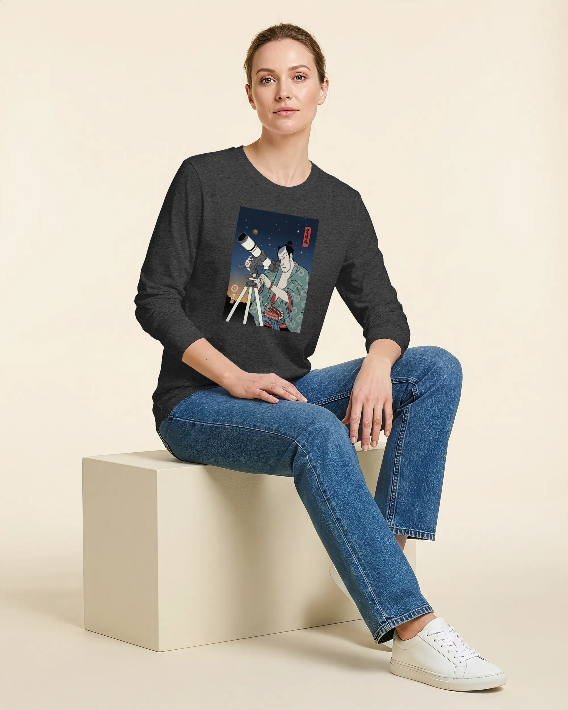 Samurai Astronomy Telescope Ukiyo-e Unisex Long Sleeve Tee - Samurai Original