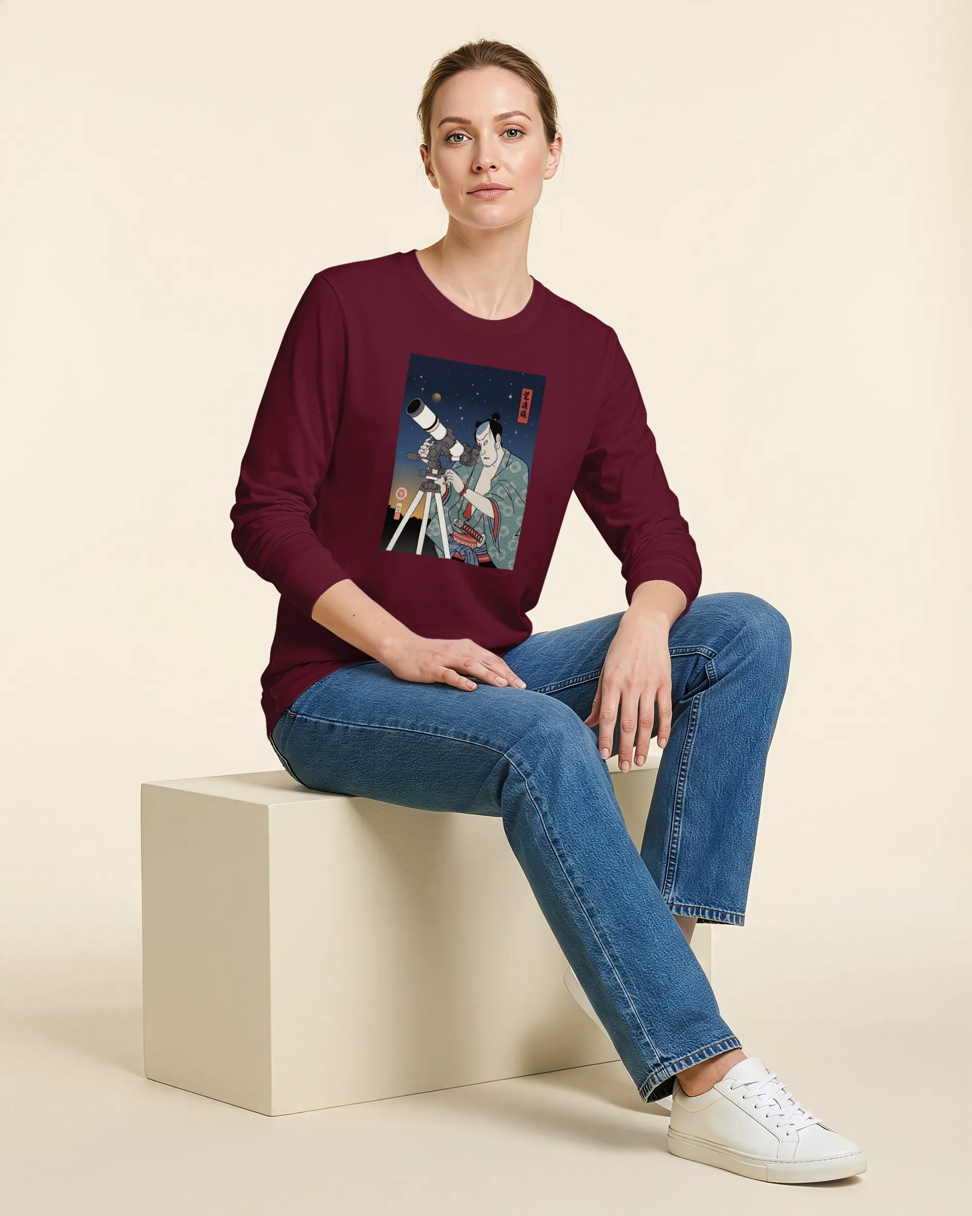 Samurai Astronomy Telescope Ukiyo-e Unisex Long Sleeve Tee - Samurai Original