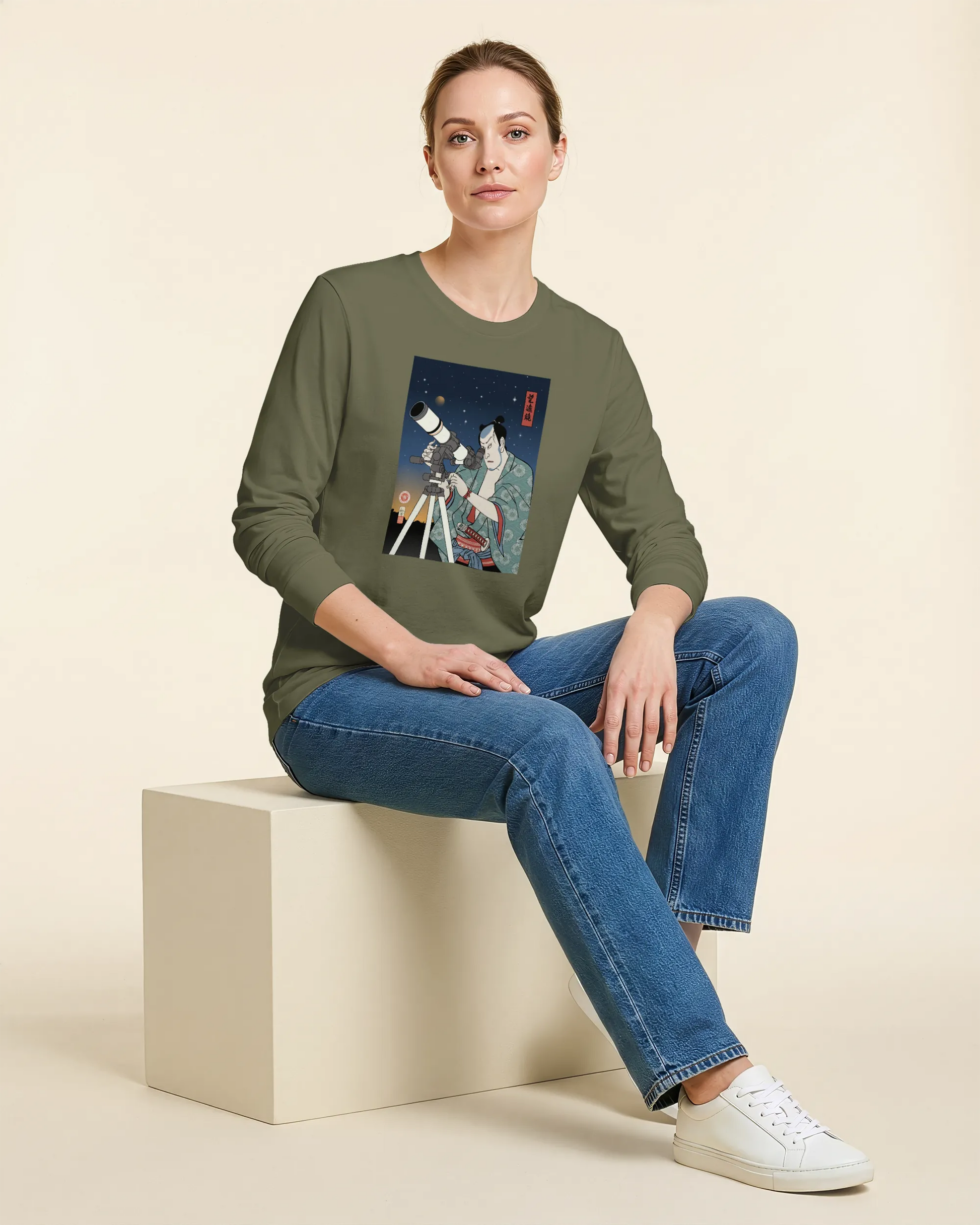 Samurai Astronomy Telescope Ukiyo-e Unisex Long Sleeve Tee - Samurai Original