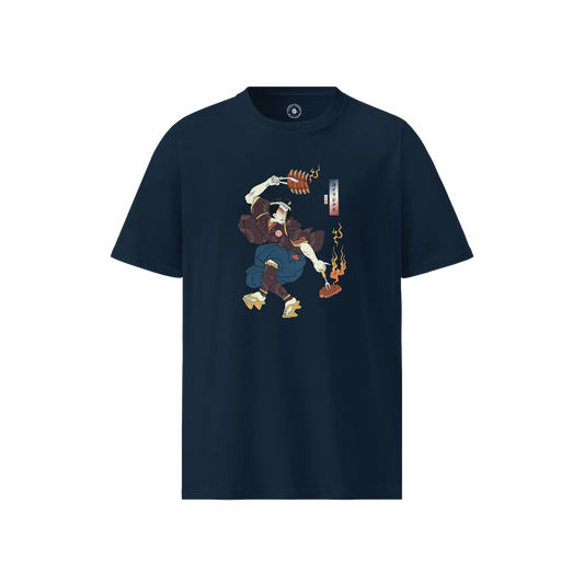 Samurai BBQ Grill Master Ukiyo-e Organic T-shirt French Navy - Samurai Original