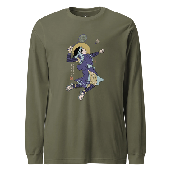 Samurai Badminton Ukiyo-e Unisex Long Sleeve Tee No.1 Military Green - Samurai Original