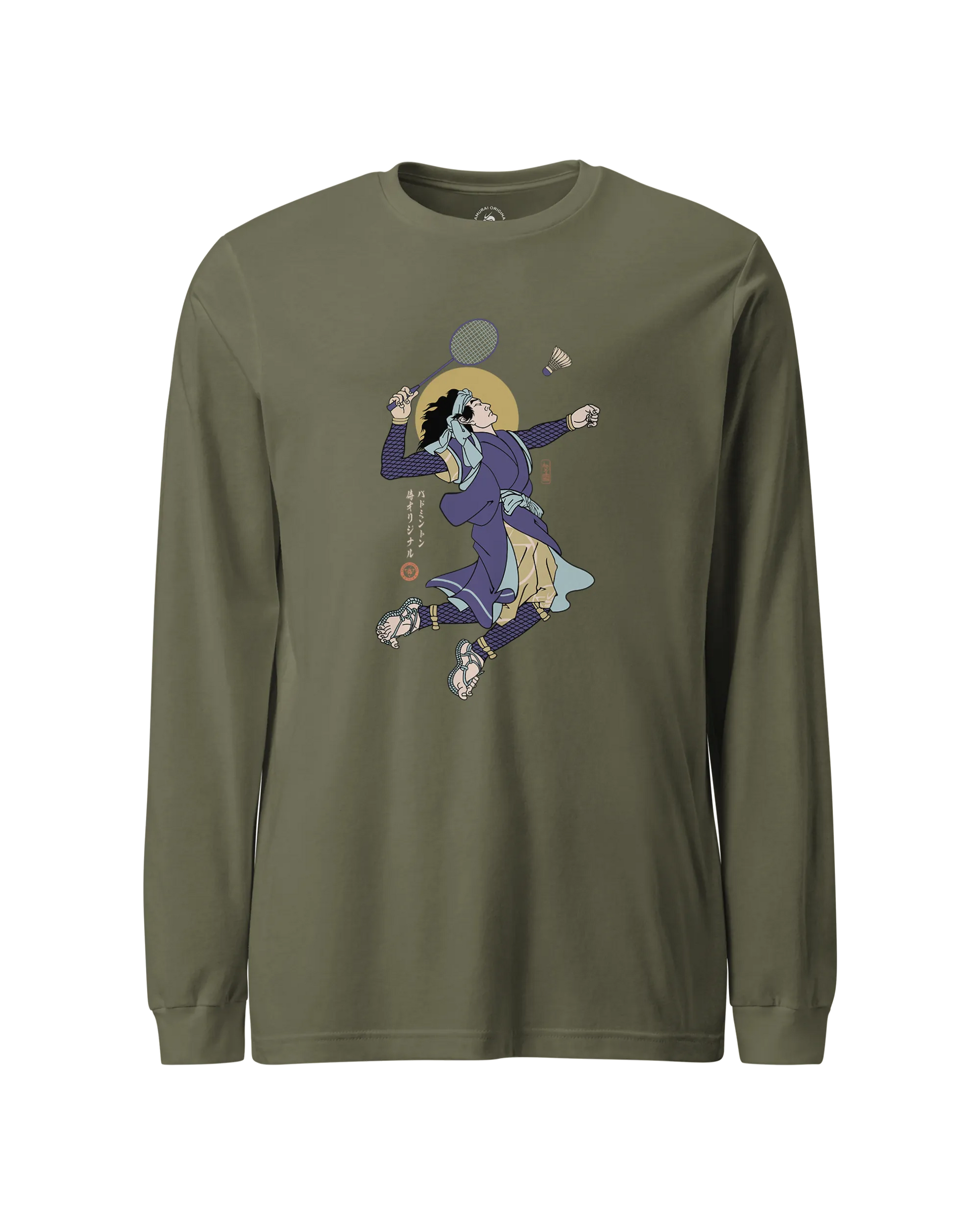 Samurai Badminton Ukiyo-e Unisex Long Sleeve Tee No.1 Military Green - Samurai Original