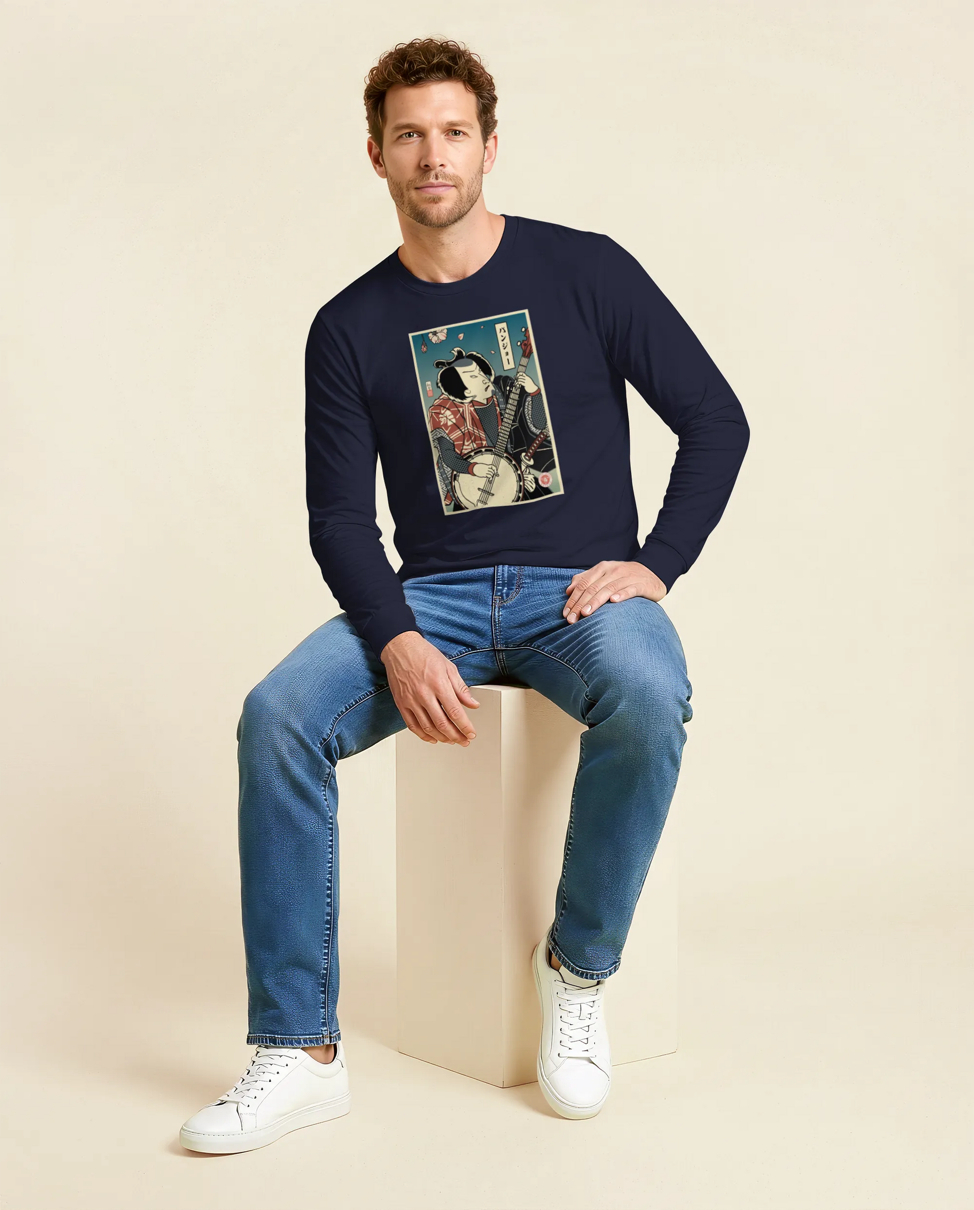 Samurai Banjo Player Music Ukiyo-e Unisex Long Sleeve Tee - Samurai Original