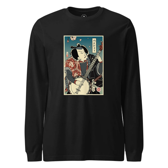 Samurai Banjo Player Music Ukiyo-e Unisex Long Sleeve Tee Black - Samurai Original