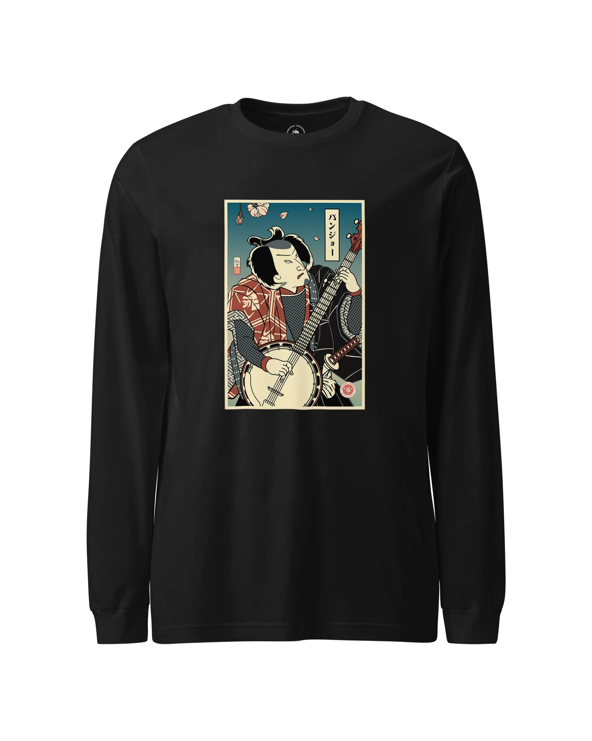 Samurai Banjo Player Music Ukiyo-e Unisex Long Sleeve Tee Black - Samurai Original