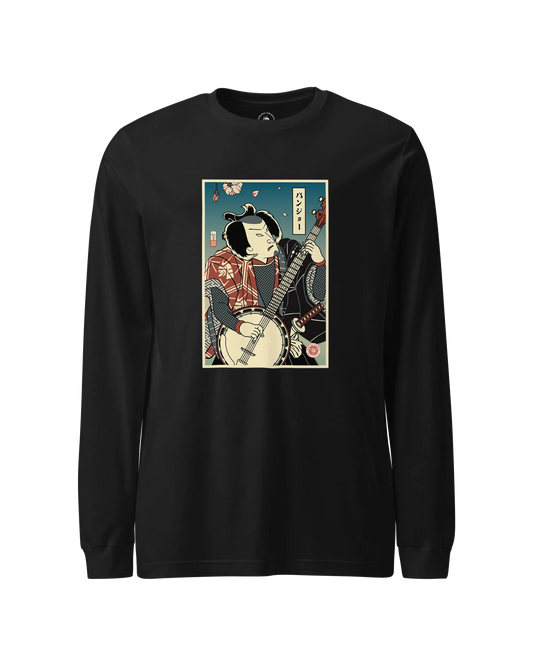 Samurai Banjo Player Music Ukiyo-e Unisex Long Sleeve Tee Black - Samurai Original