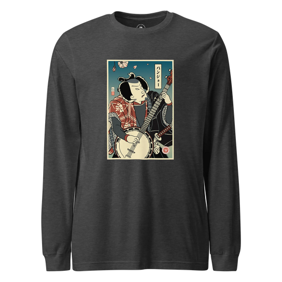 Samurai Banjo Player Music Ukiyo-e Unisex Long Sleeve Tee Dark Grey Heather - Samurai Original