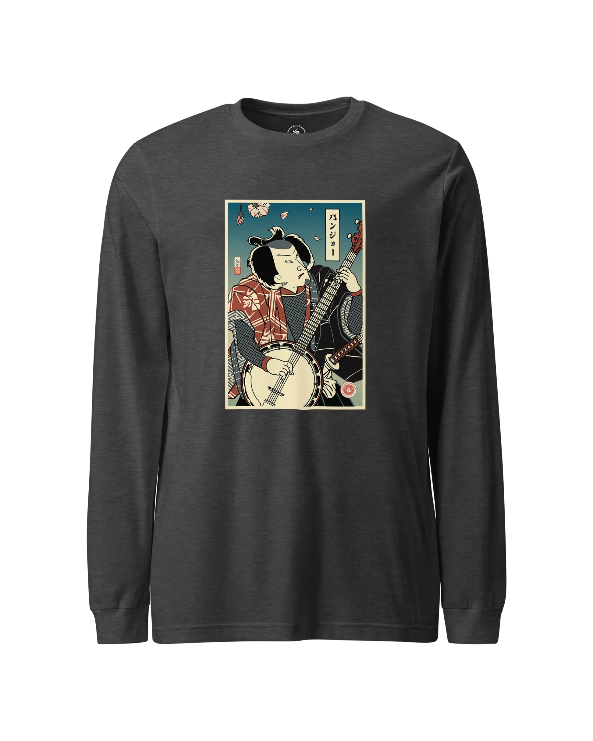 Samurai Banjo Player Music Ukiyo-e Unisex Long Sleeve Tee Dark Grey Heather - Samurai Original