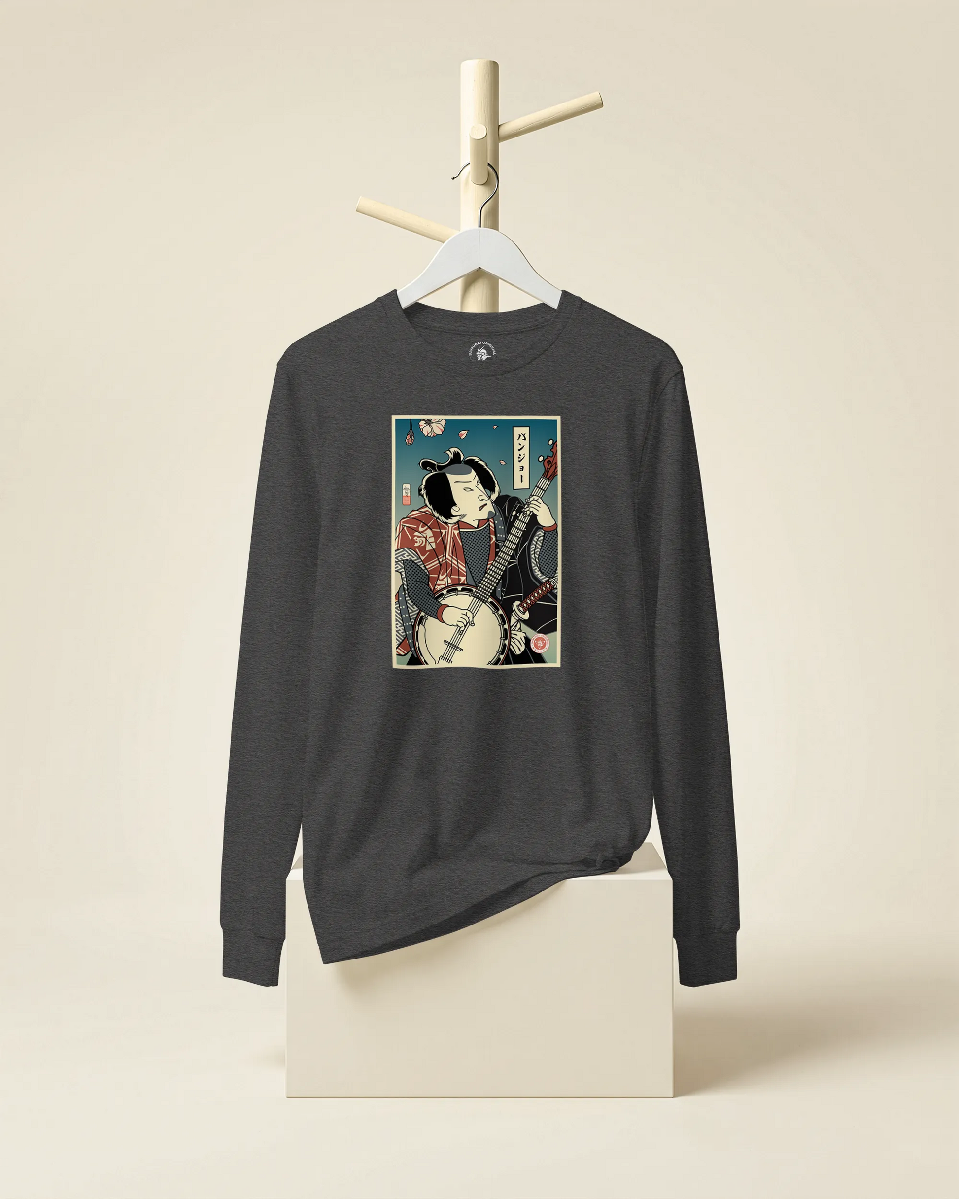 Samurai Banjo Player Music Ukiyo-e Unisex Long Sleeve Tee - Samurai Original