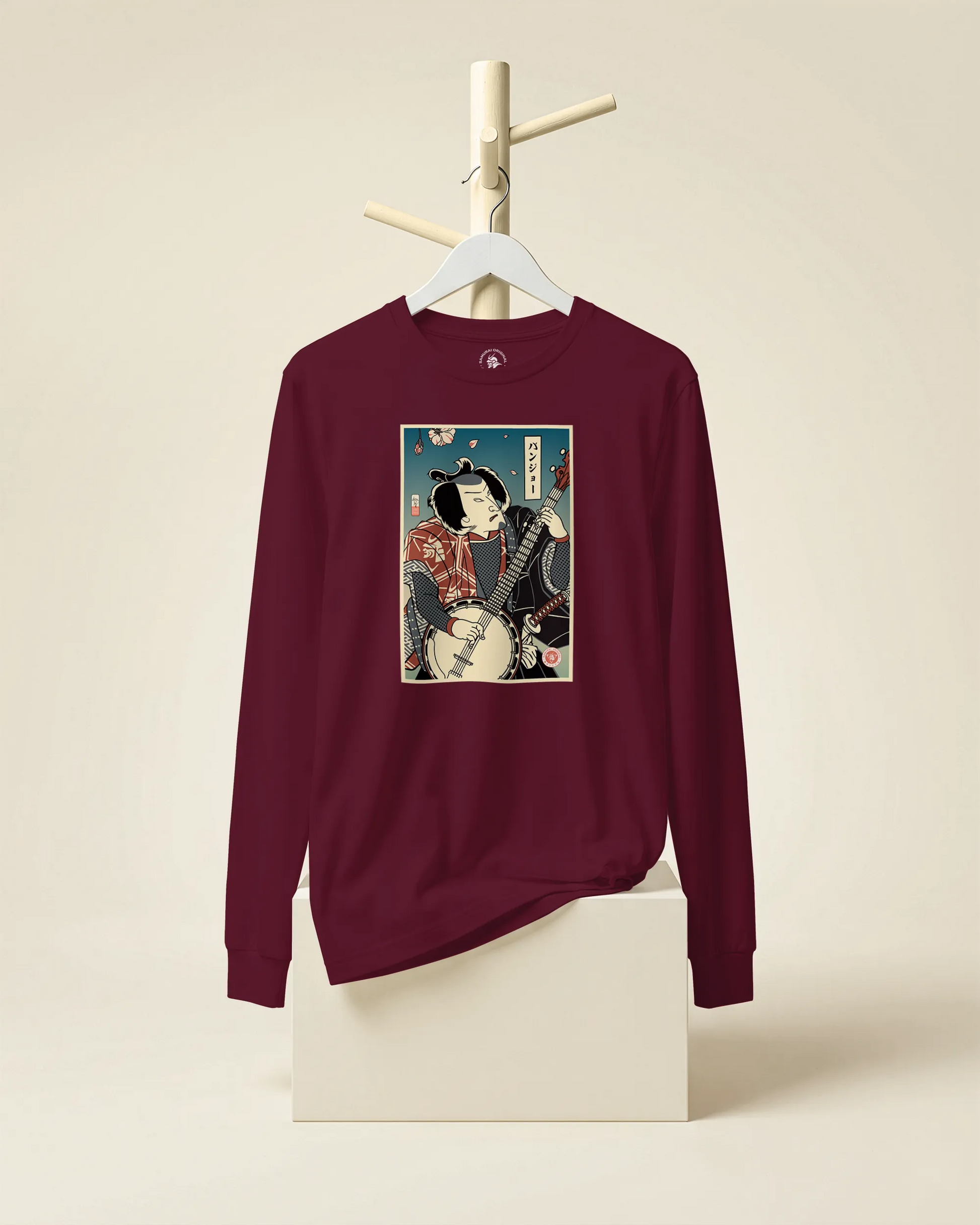 Samurai Banjo Player Music Ukiyo-e Unisex Long Sleeve Tee - Samurai Original