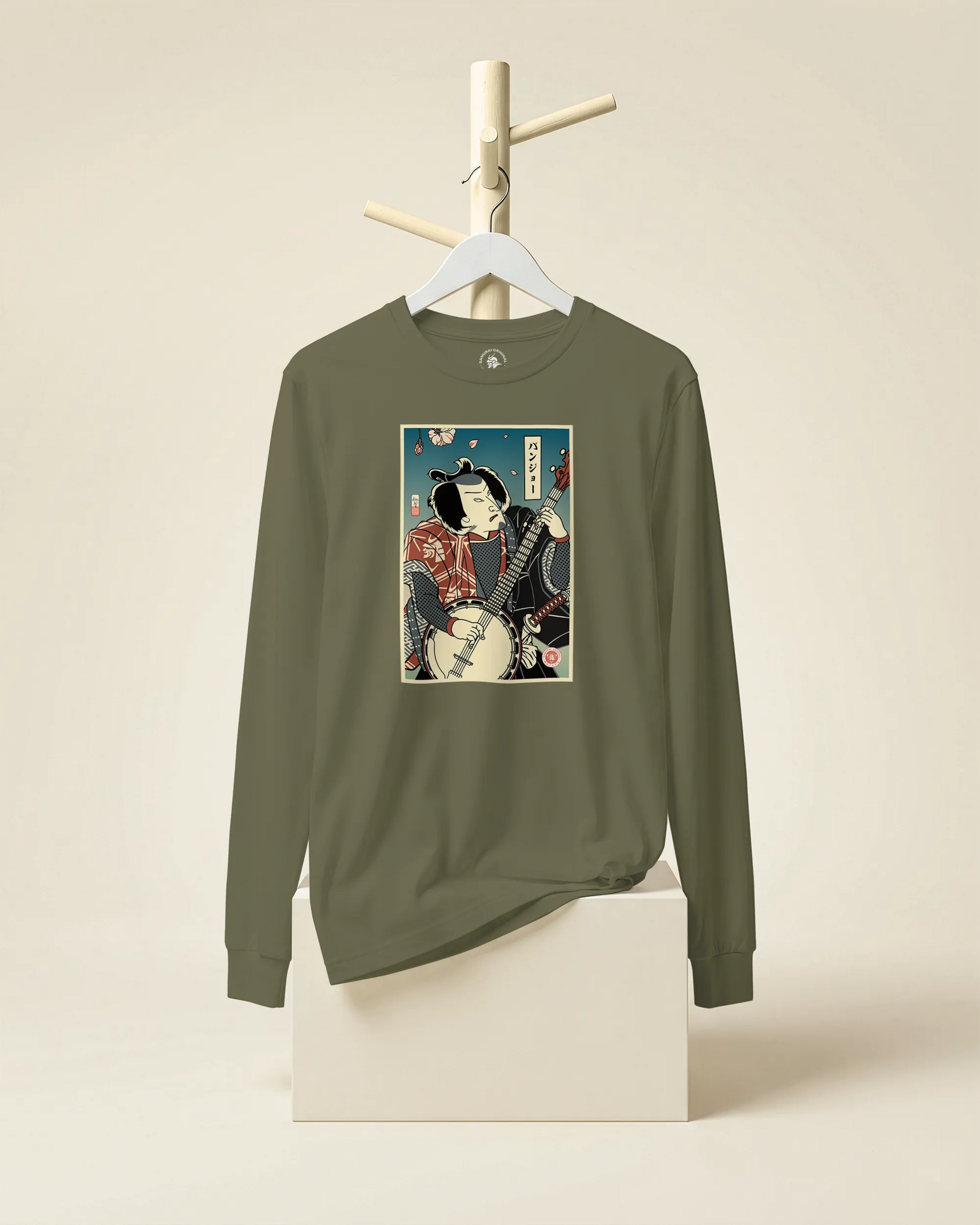 Samurai Banjo Player Music Ukiyo-e Unisex Long Sleeve Tee - Samurai Original