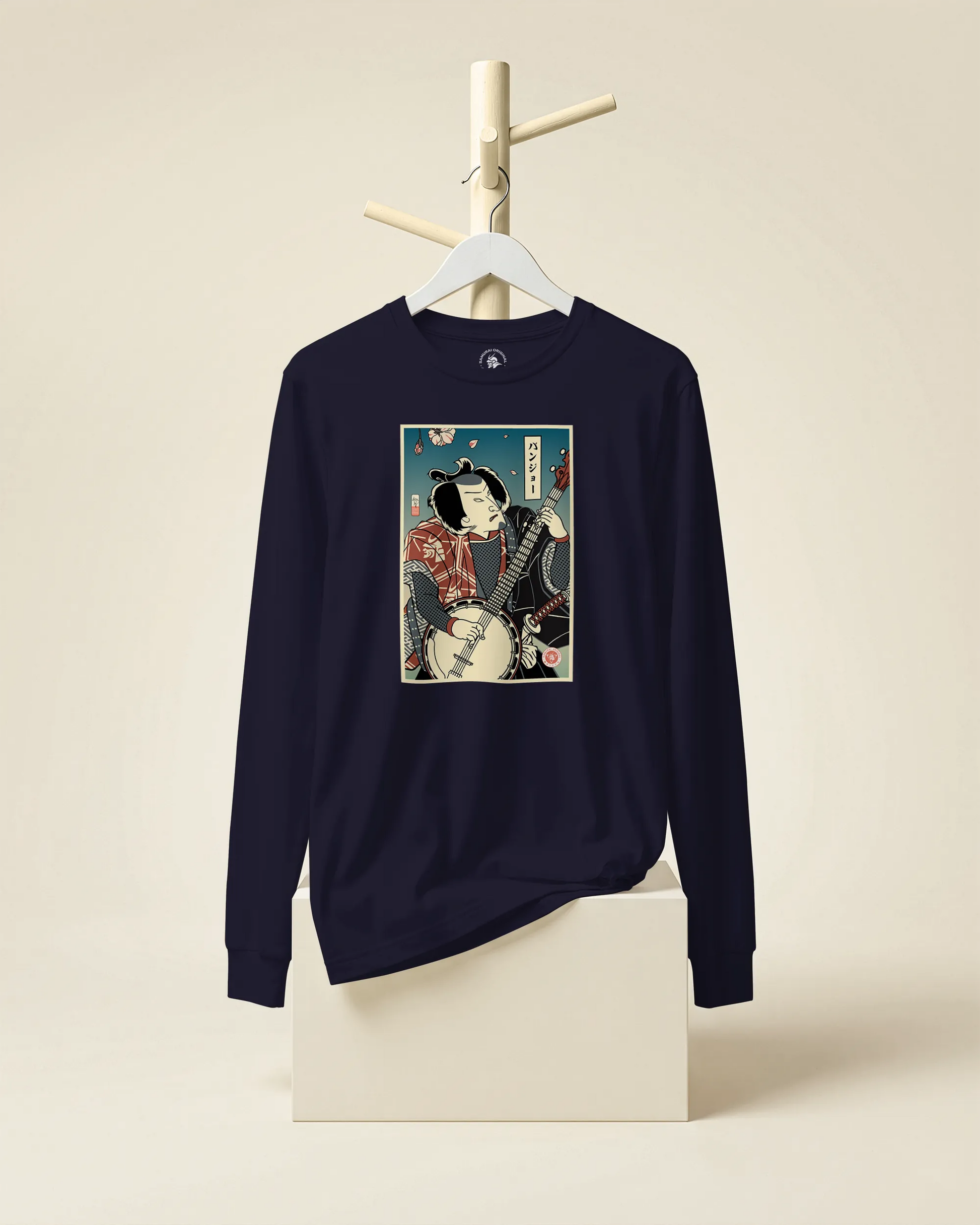 Samurai Banjo Player Music Ukiyo-e Unisex Long Sleeve Tee - Samurai Original