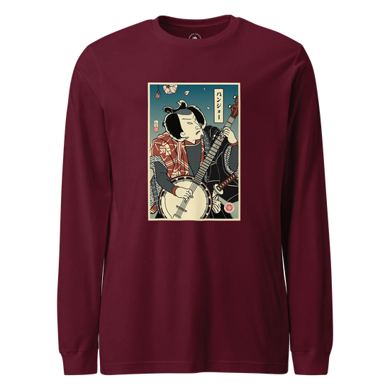 Samurai Banjo Player Music Ukiyo-e Unisex Long Sleeve Tee Maroon - Samurai Original