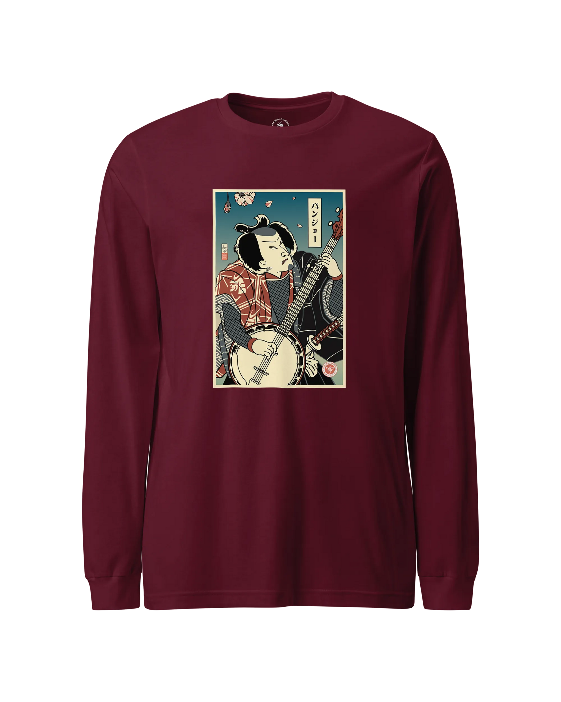 Samurai Banjo Player Music Ukiyo-e Unisex Long Sleeve Tee Maroon - Samurai Original