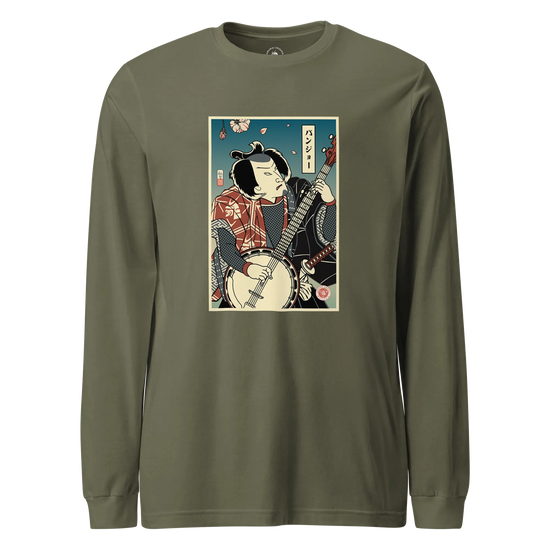 Samurai Banjo Player Music Ukiyo-e Unisex Long Sleeve Tee Military Green - Samurai Original