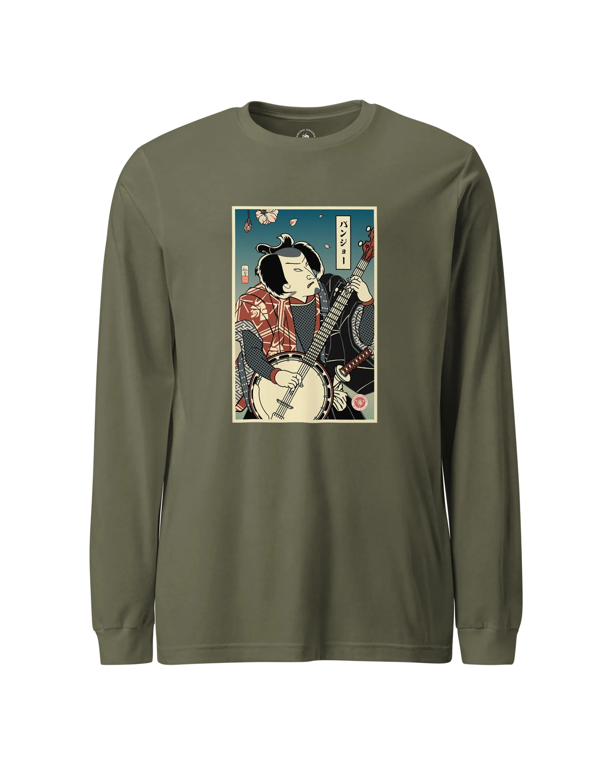 Samurai Banjo Player Music Ukiyo-e Unisex Long Sleeve Tee Military Green - Samurai Original
