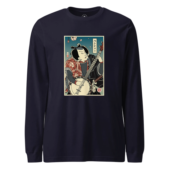 Samurai Banjo Player Music Ukiyo-e Unisex Long Sleeve Tee Navy - Samurai Original