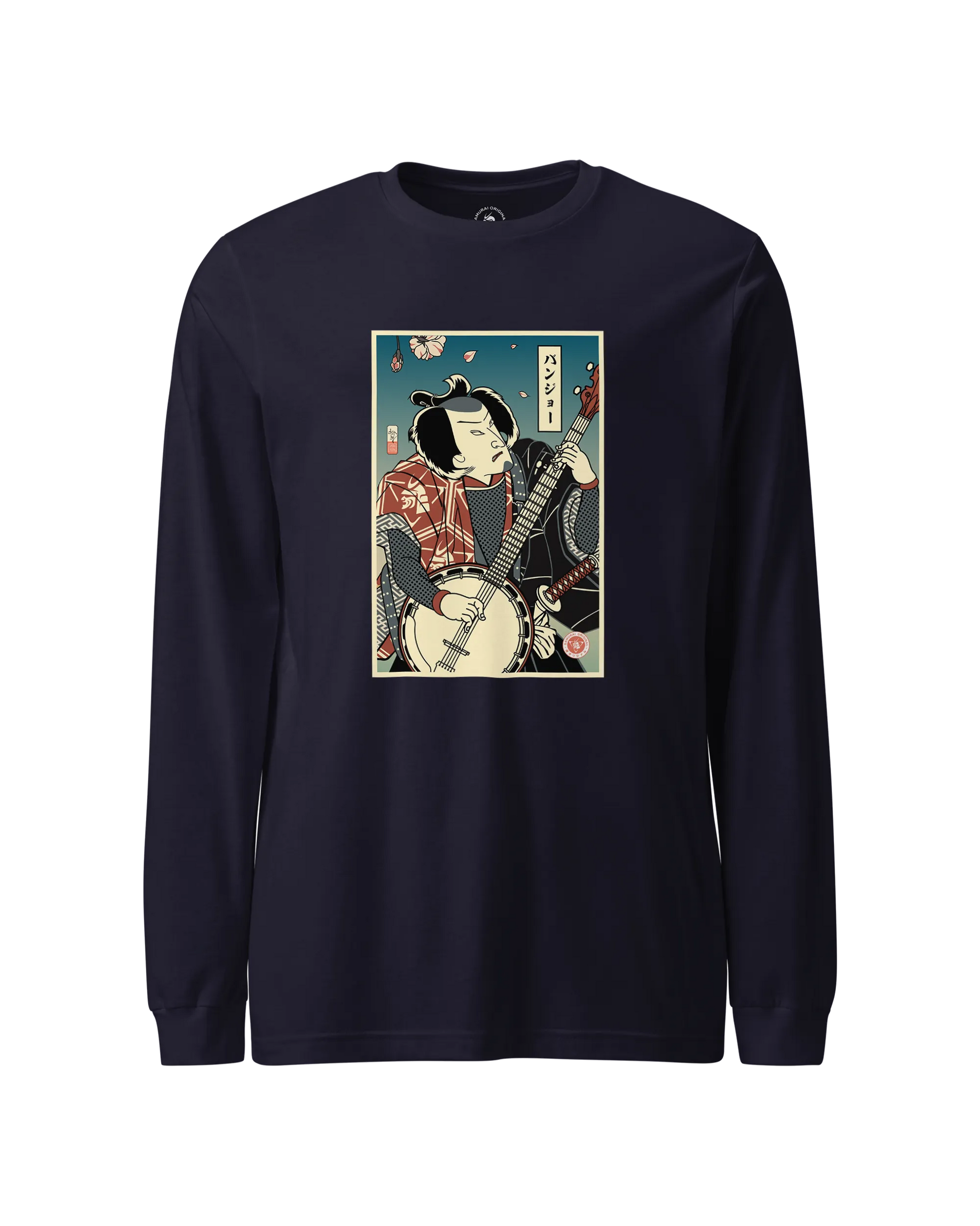 Samurai Banjo Player Music Ukiyo-e Unisex Long Sleeve Tee Navy - Samurai Original